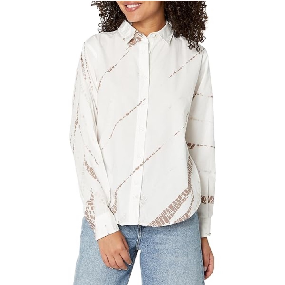 Splendid Women's Linden Button Down Polo Blouse XS Mocha Tie Dye Brown White